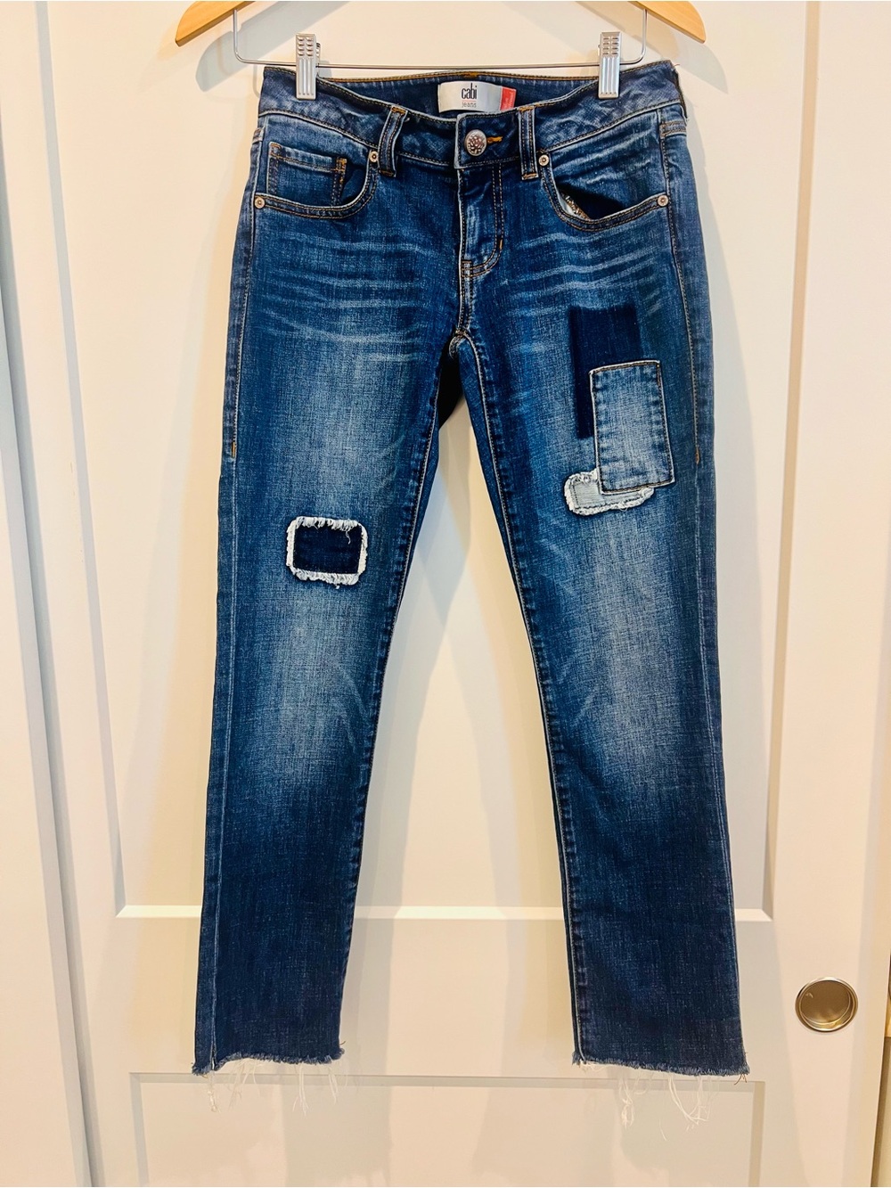 CAbi Jeans Distressed Patchwork Raw Hem Straight Leg Denim